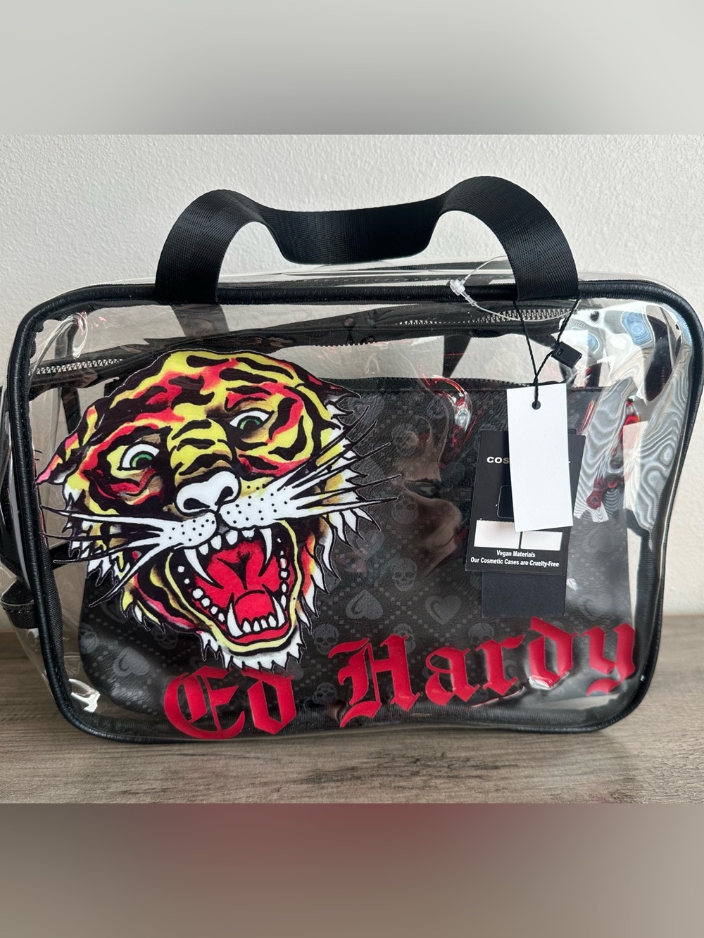 Ed Hardy Clear Toiletry Bag with Multicolor Tiger Graphic 3 pieces new